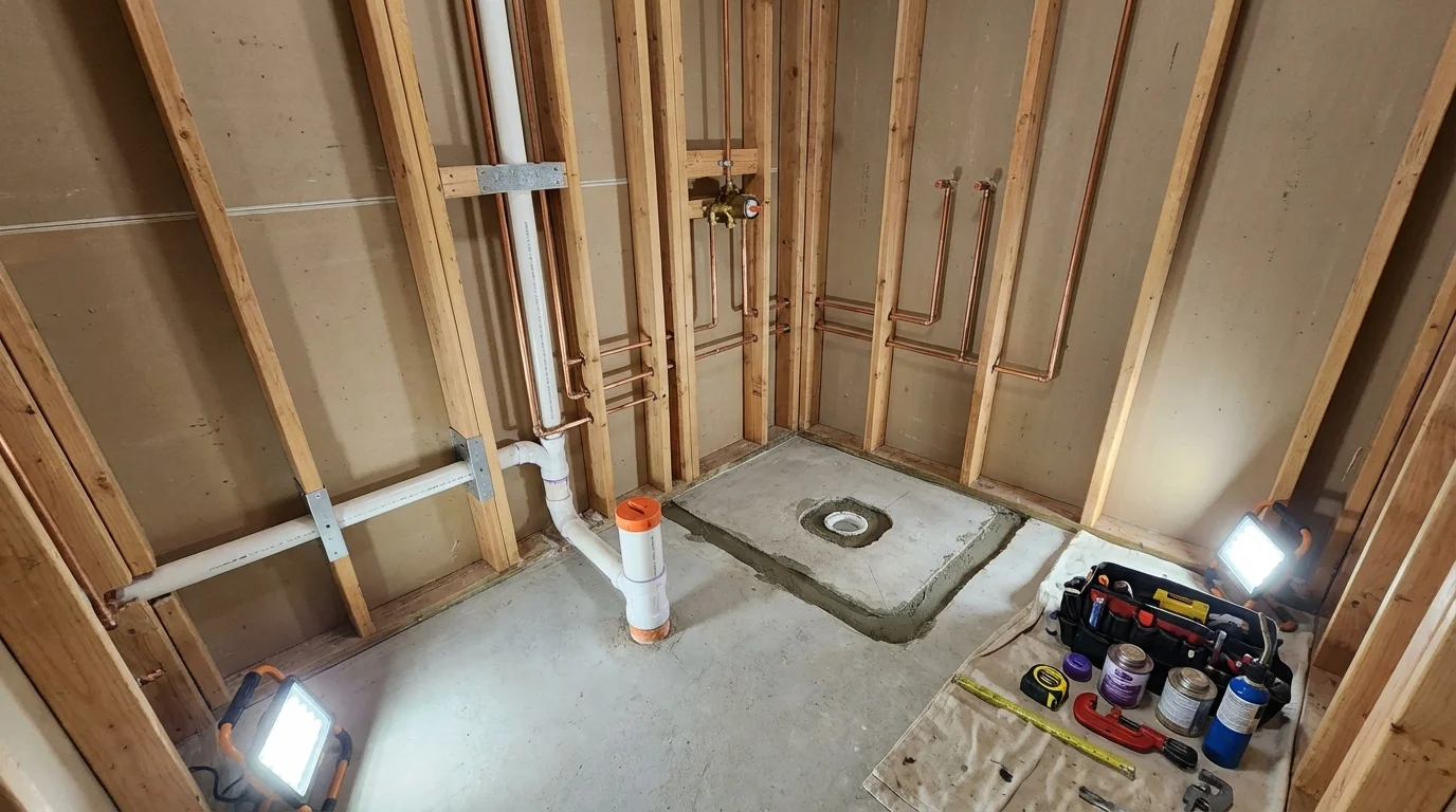 Bathroom rough-in plumbing during remodel by Johns Plumbing LLC in Galion