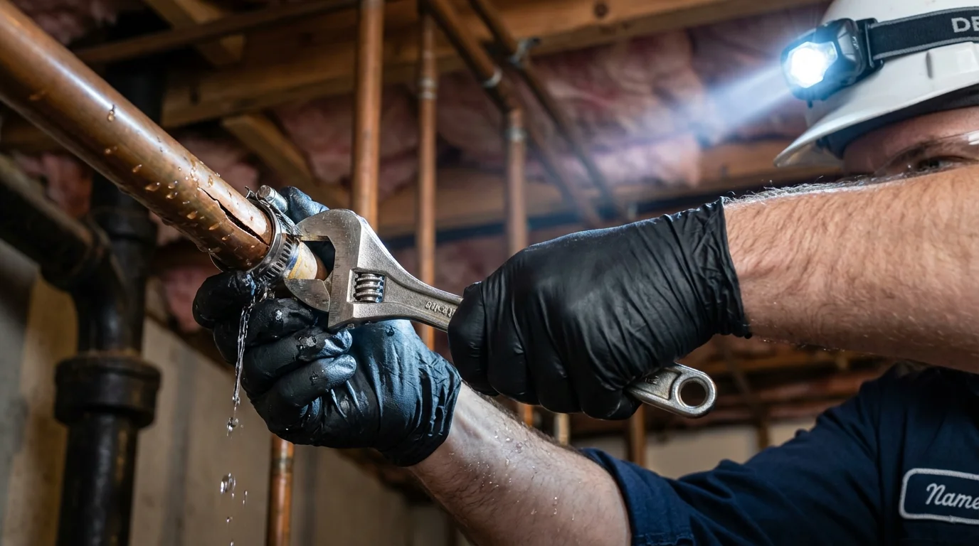 Emergency pipe clamp repair being performed by a Johns Plumbing LLC plumber in Galion