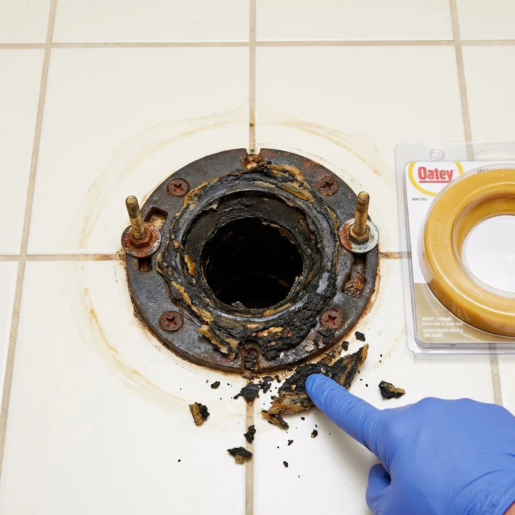 Failed wax ring showing water seepage at the base of a toilet in a Galion, OH home