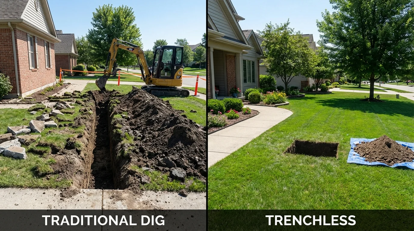 Trenchless sewer repair with minimal yard damage versus traditional excavation in Galion, OH
