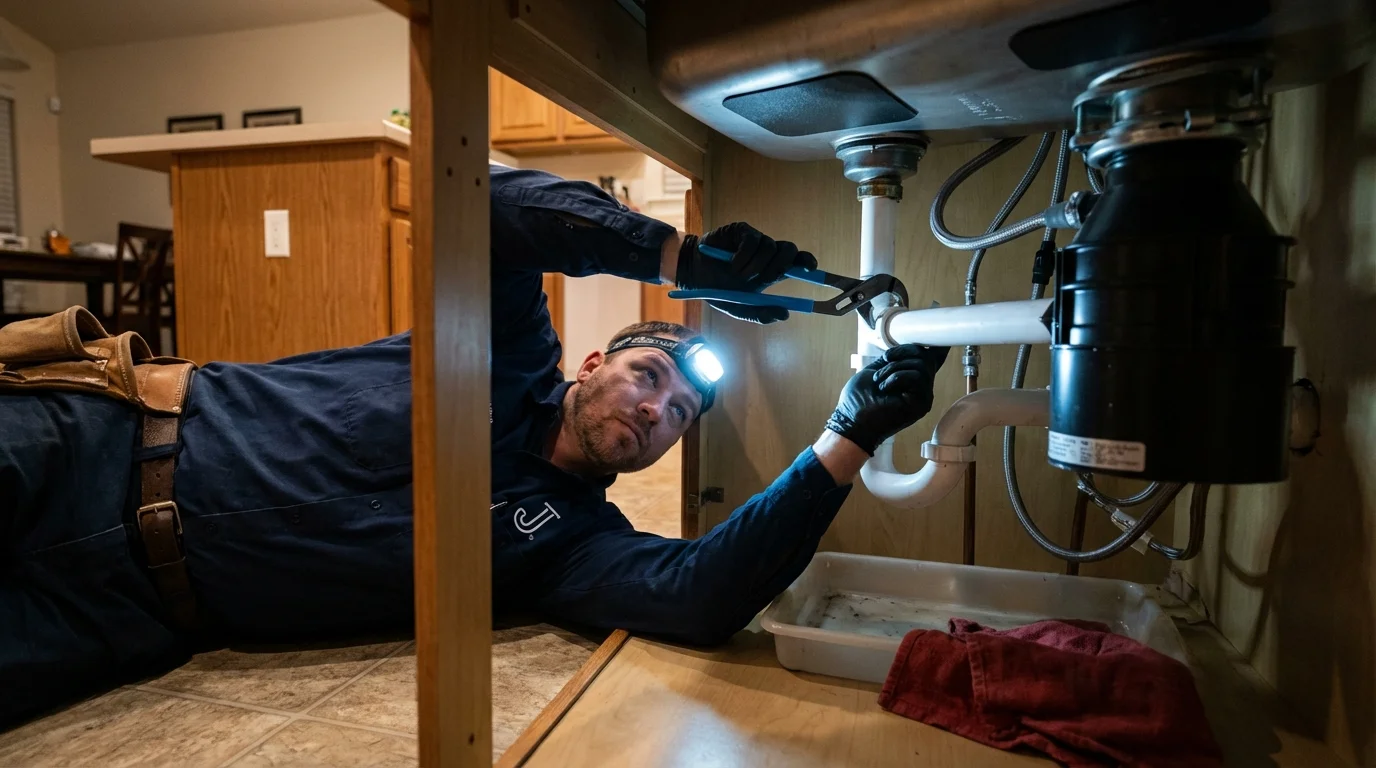 P-trap and supply line connections under a kitchen sink showing a common leak point in Galion, OH